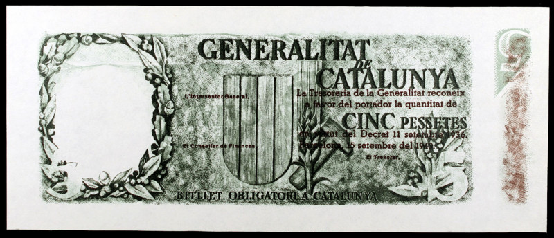 1940. Generalitat de Catalunya. 5 pesetas. (Ed. 373p). 15 de septiembre. Prueba ...