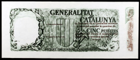 1940. Generalitat de Catalunya. 5 pesetas. (Ed. 373p). 15 de septiembre. Prueba no adoptada de anverso y reverso. Rara. S/C-.