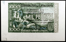 1950. Generalitat de Catalunya. 1000 pesetas. 10 de agosto. Prueba de anverso en verde y reverso en marrón. EBC+.