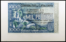 (1950). Generalitat de Catalunya. 1000 pesetas. 10 de agosto. Prueba de anverso en azul y reverso en naranja. EBC+.