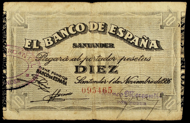 1936. Santander. 10 pesetas. (Ed. C27d) (Ed. 376f). 1 de noviembre. BC+.