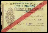 1936. Gijón. 100 pesetas. (Ed. C35) (Ed. 384). 5 de noviembre. Mínimo doblez pero extraordinario ejemplar. Raro así. MBC+.