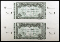 1937. Bilbao. 5 pesetas. (Ed. C36b) (Ed. 385b). 1 de enero. 2 billetes sin cortar, con matrices laterales. EBC+.