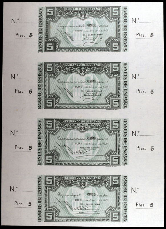 1937. Bilbao. 5 pesetas. (Ed. C36c y d) (Ed. 385c y f). 1 de enero. 4 billetes s...