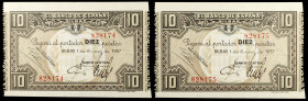 1937. Bilbao. 10 pesetas. (Ed. C38 var) (Ed. 387c). 1 de enero. Pareja correlativa. Antefirma Banco Central. Escasos así. S/C-.