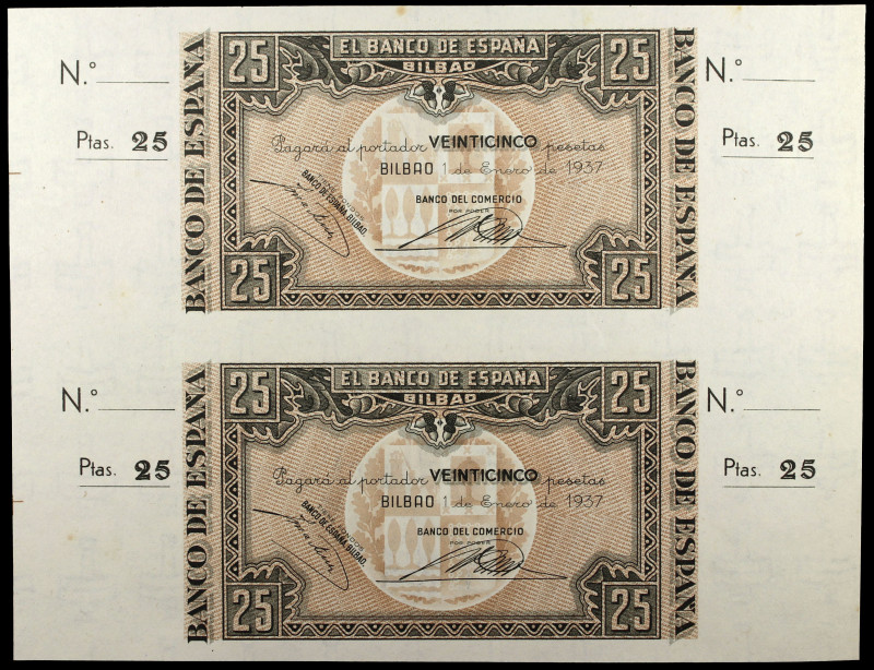 1937. Bilbao. 25 pesetas. (Ed. C39b) (Ed. 388b). 1 de enero. 2 billetes sin cort...