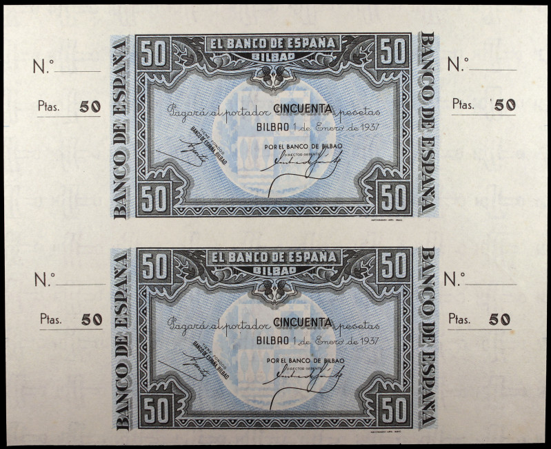 1937. Bilbao. 50 pesetas. (Ed. C40a) (Ed. 389a). 1 de enero. 2 billetes sin cort...