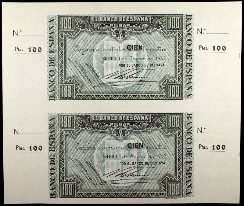 1937. Bilbao. 100 pesetas. (Ed. C41b) (Ed. 390b). 1 de enero. 2 billetes sin cor...