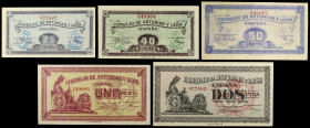 1937. Asturias y León. 25, 40, 50 céntimos, 1 y 2 pesetas. (Ed. C45 a C49) (Ed. 394 a 398). 5 billetes, serie completa. Raros así. S/C-/S/C.