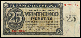 1936. Burgos. 25 pesetas. (Ed. D20a) (Ed. 419a). 21 de noviembre, serie R. Leve doblez con apresto. EBC-.
