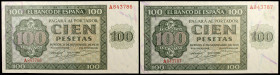 1936. Burgos. 100 pesetas. (Ed. D22) (Ed. 421). 21 de noviembre. Pareja correlativa, serie A, un mínimo doblez a derecha. S/C-.