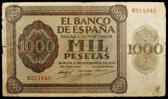 1936. Burgos. 1000 pesetas. (Ed. D24a) (Ed. 423a). 21 de noviembre. Serie C, última emitida. Raro. BC+.