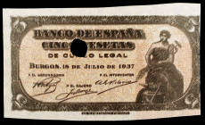 1937. Burgos. 5 pesetas. 18 de julio. Prueba de impresión con taladro. EBC.