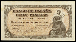 1937. Burgos. 5 pesetas. (Ed. D25a) (Ed. 424a). 18 de julio. Serie C. Manchita. Escaso así. EBC+.