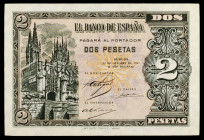 1937. Burgos. 2 pesetas. (Ed. D27a) (Ed. 426a). 12 de octubre. Serie B. Esquinas ligeramente rozadas. Raro. S/C-.