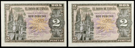 1938. Burgos. 2 pesetas. (Ed. D30a) (Ed. 429a). 30 de abril. Pareja correlativa, serie M. Esquinas ligeramente rozadas. S/C-.