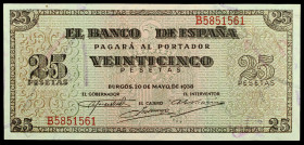 1938. Burgos. 25 pesetas. (Ed. D31a) (Ed. 430a). 20 de mayo. Serie B. Esquinas algo rozadas. Escaso. S/C-.