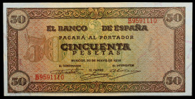 1938. Burgos. 50 pesetas. (Ed. D32a) (Ed. 431a). 20 de mayo. Serie B. S/C-.