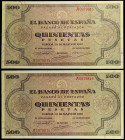 1938. Burgos. 500 pesetas. (Ed. D34) (Ed. 433). 20 de mayo. Pareja correlativa, serie A. Insignificante doblez central. Magníficos ejemplares con todo...