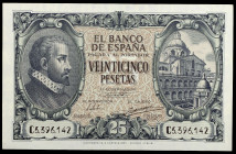 1940. 25 pesetas. (Ed. D37a) (Ed. 436a). 9 de enero, Juan de Herrera. Serie C. Leve doblez. Con apresto. Escaso así. EBC+.