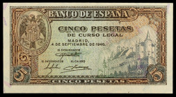 1940. 5 pesetas. (Ed. D44a) (Ed. 443a). 4 de septiembre, Alcázar de Segovia. Serie G. Esquinas algo rozadas. S/C-.