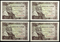 1945. 1 peseta. (Ed. D49) (Ed. 448). 15 de junio, Isabel la Católica. 4 billetes correlativos, sin serie. Alguna esquina rozada. S/C-.