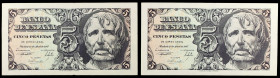 1947. 5 pesetas. (Ed. D55) (Ed. 454). 12 de abril, Séneca. Pareja correlativa, sin serie. Limpiados y planchados. EBC+.