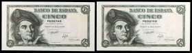 1948. 5 pesetas. (Ed. D56a) (Ed. 455a). 5 de marzo, Elcano. Pareja correlativa, serie M. S/C-.