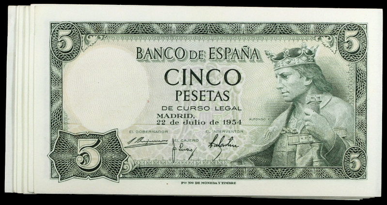 1954. 5 pesetas. (Ed. D67) (Ed. 466). 22 de julio, Alfonso X. 19 billetes correl...