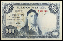 1954. 500 pesetas. (Ed. D69b) (Ed. 468b). 22 de julio, Zuloaga. Serie T. Firma del Cajero desplazada. MBC.