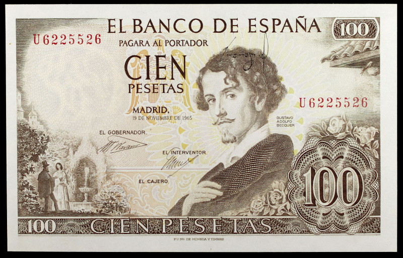 1965. 100 pesetas. (Ed. D71a var) (Ed. 470a). 19 de noviembre, Bécquer. Serie U....