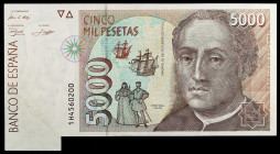 1992. 5000 pesetas. (Ed. E10a) (Ed. 484a). 12 de octubre, Colón. Serie 1H. Pequeño fuelle en la esquina inferior derecha. EBC-.