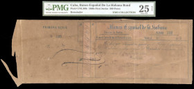 18(...). Banco Español de la Habana. Bono de 300 pesos, correspondiente a la "Primera serie de dos millones de pesos". Con matriz, sin firmas ni fecha...
