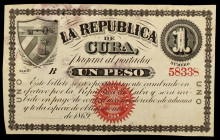 1869. La República de Cuba. 1 peso. (Ed. CU28) (Ed. 31). Sin firma, con numeración. Serie B. Con sello rojo. Manchitas. (MBC+).