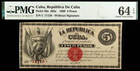 1869. La República de Cuba. 5 pesos. (Ed. CU29) (Ed. 32). Serie C. Sin fecha ni firma. Con sello rojo. Certificado por la PMG como Choice Uncirculated...