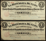 1869. Junta Central Republicana de Cuba y Puerto Rico. 1 peso. (Ed. CU32) (Ed. 35). 17 de agosto. Pareja correlativa serie C, uno con pequeñas roturas...