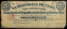 1869. Junta Central Republicana de Cuba y Puerto Rico. 5 pesos. (Ed. CU33) (Ed. 36). 17 de agosto. Serie L, una esquina rota. Escaso. MBC-.