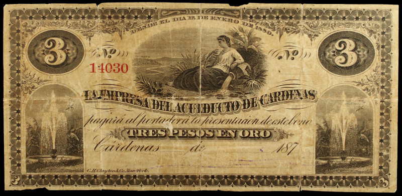 Cuba. 187... Empresa del Acueducto de Cárdenas. 3 pesos. (Pick S112r). Resto de ...