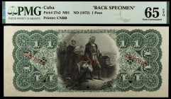 (1872). Banco Español de la Habana. 1 peso. (15 de junio). Reverso SPECIMEN con tres pequeños taladros. Certificado por la PMG como Gem Uncirculated 6...
