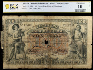 1891. El Tesoro de la Isla de Cuba. 100 pesos. (Ed. CU64) (Ed. 67). 12 de agosto, nº 17780. Con firmas. Certificado por la PCGS como Very Good 10. Muy...