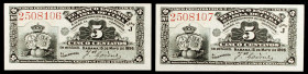 1896. Banco Español de la Isla de Cuba. 5 centavos. (Ed. CU66) (Ed. 69). 15 de mayo. Pareja correlativa, serie J. S/C-.