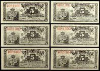 1896. Banco Español de la Isla de Cuba. 5 centavos. (Ed. CU66) (Ed. 69). 15 de mayo. 6 billetes correlativos, serie J. S/C-.