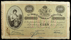 18... Banco Español de la Isla de Cuba. 100 pesos. (Ed. CU72, mismo ejemplar) (Ed. 75, mismo ejemplar). (15 de mayo). Serie C. Pequeños agujeritos de ...