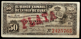 1896. Banco Español de la Isla de Cuba. 50 centavos. (Ed. CU76) (Ed. 79). 15 de mayo. Serie H. Sobrecarga PLATA, en rojo, en anverso. Pequeña perforac...