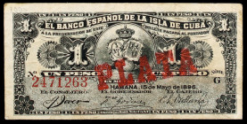 1896. Banco Español de la Isla de Cuba. 1 peso. (Ed. CU77) (Ed. 80). 15 de mayo. Serie G. Sobrecarga PLATA, en rojo, en anverso. MBC-.