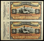1897. Banco Español de la Isla de Cuba. 5 pesos. (Ed. CU83) (Ed. 86). 15 de febrero. Serie F. Pareja correlativa con matriz y sin cortar. EBC+.