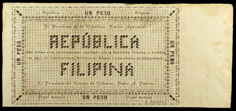 1899. República Filipina. 1 peso. (Edifil y Filabo falta) (Pick A26r). 24 de abr...