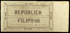1899. República Filipina. 1 peso. (Edifil y Filabo falta) (Pick A26r). 24 de abril. Sin firmas, sin numerar, sin serie y con matriz lateral izquierda....