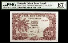 Guinea Ecuatorial. 1969. Banco Central. 100 pesetas guineanas. (Pick 1). 12 de octubre. Impreso en la FNMT. Certificado por la PMG como Superb Gem Unc...