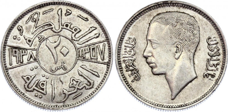 Iraq 20 Fils 1938 AH 1357
KM# 106; Silver; Ghazi I; XF+/AUNC- with minor scratc...